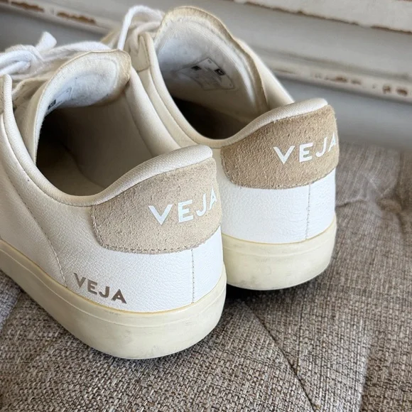 Veja White Leather Sneakers with Beige Suede V Detail - Picture 5 of 6